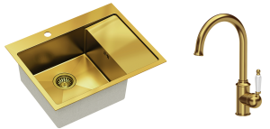 Quadron Zlewozmywak stalowy jednokomorowy 62*48*20 cm z ociekaczem RUSSEL 116 kolor złoty z baterią RACHEL Q LINE-DARMOWA DOSTAWA