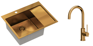 Quadron Zlewozmywak stalowy jednokomorowy 62*48*20 cm z ociekaczem RUSSEL 116 kolor miedziany z baterią JODIE Q LINE SLIM-DARMOWA DOSTAWA