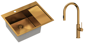 Quadron Zlewozmywak stalowy jednokomorowy 62*48*20 cm z ociekaczem RUSSEL 116 kolor miedziany z baterią JENNIFER Q LINE SLIM  z wyciąganą wylewką i funkcją prysznica-DARMOWA DOSTAWA