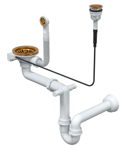 Quadron Unique Syfon  PUSH TO OPEN pionowy do zlewozmywaka granitowego 1 lub 1 komora z ociekaczem 3,5" cala, przycisk okrągły  kolor PVD miedziany, SAVE SPACE