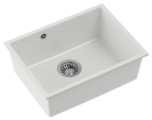 Quadron POP Zlewozmywak granitowy jednokomorowy podwieszany 53,5*40*20,5 cm ALEC 50 GRANITEQ  snow white ze stalowym odpływem