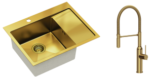 Quadron Zlewozmywak stalowy jednokomorowy 62*48*20 cm z ociekaczem RUSSEL 116 kolor złoty z baterią MARILYN Q LINE z ruchomą wylewką-DARMOWA DOSTAWA