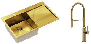 Quadron Zlewozmywak stalowy jednokomorowy 78*49*19 cm z ociekaczem RUSSEL 111 kolor złoty z baterią MARILYN Q LINE z ruchomą wylewką-DARMOWA DOSTAWA