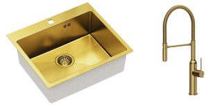 Quadron Zlewozmywak stalowy jednokomorowy 55*48*20 cm RUSSEL 110 kolor złoty z baterią MARILYN Q LINE z ruchomą wylewką-DARMOWA DOSTAWA