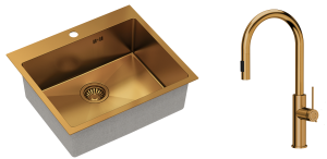 Quadron Zlewozmywak stalowy jednokomorowy 55*48*20 cm RUSSEL 110 kolor miedziany z baterią JENNIFER Q LINE SLIM  z wyciąganą wylewką i funkcją prysznica -DARMOWA DOSTAWA