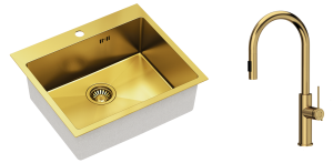 Quadron Zlewozmywak stalowy jednokomorowy 55*48*20 cm RUSSEL 110 kolor złoty z baterią JENNIFER Q LINE SLIM  z wyciąganą wylewką i funkcją prysznica -DARMOWA DOSTAWA