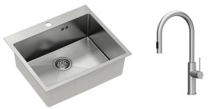 Quadron Zlewozmywak stalowy jednokomorowy 55*48*20 cm RUSSEL 110 kolor stal szczotkowana z baterią JENNIFER Q LINE SLIM  z wyciąganą wylewką i funkcją prysznica -DARMOWA DOSTAWA