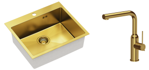 Quadron Zlewozmywak stalowy jednokomorowy 55*48*20 cm RUSSEL 110 kolor złoty z baterią ANGELINA Q LINE z wyciąganą wylewką-DARMOWA DOSTAWA