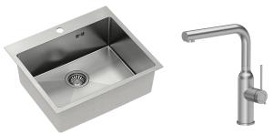 Quadron Zlewozmywak stalowy jednokomorowy 55*48*20 cm RUSSEL 110 kolor stal szczotkowana z baterią ANGELINA Q LINE z wyciąganą wylewką-DARMOWA DOSTAWA
