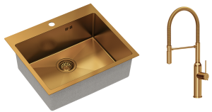 Quadron Zlewozmywak stalowy jednokomorowy 55*48*20 cm RUSSEL 110 kolor miedziany z baterią MARILYN Q LINE z ruchomą wylewką-DARMOWA DOSTAWA