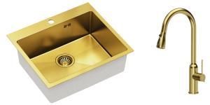 Quadron Zlewozmywak stalowy jednokomorowy 55*48*20 cm RUSSEL 110 kolor złoty z baterią JESSICA Q LINE z wyciąganą wylewką i funkcją prysznica -DARMOWA DOSTAWA