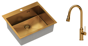 Quadron Zlewozmywak stalowy jednokomorowy 55*48*20 cm RUSSEL 110 kolor miedziany z baterią JESSICA Q LINE z wyciąganą wylewką i funkcją prysznica -DARMOWA DOSTAWA