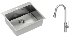 Quadron Zlewozmywak stalowy jednokomorowy 55*48*20 cm RUSSEL 110 kolor stal szczotkowana z baterią JESSICA Q LINE z wyciąganą wylewką i funkcją prysznica -DARMOWA DOSTAWA