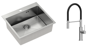 Quadron Zlewozmywak stalowy jednokomorowy 55*48*20 cm RUSSEL 110 kolor stal szczotkowana z baterią GEMMA Q LINE SLIM  z ruchomą wylewką kolor stal szczotkowana/czarny wąż -DARMOWA DOSTAWA