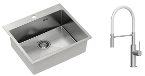Quadron Zlewozmywak stalowy jednokomorowy 55*48*20 cm RUSSEL 110 kolor stal szczotkowana z baterią GEMMA Q LINE SLIM  z ruchomą wylewką kolor stal szczotkowana/biały wąż -DARMOWA DOSTAWA