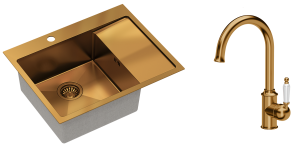 Quadron Zlewozmywak stalowy jednokomorowy 62*48*20 cm z ociekaczem RUSSEL 116 kolor miedziany z baterią RACHEL Q LINE-DARMOWA DOSTAWA