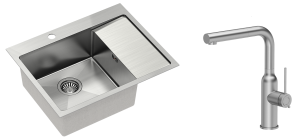 Quadron Zlewozmywak stalowy jednokomorowy 62*48*20 cm z ociekaczem RUSSEL 116 kolor stal szczotkowana z baterią ANGELINA  Q LINE z wyciąganą wylewką-DARMOWA DOSTAWA