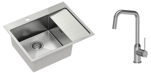 Quadron Zlewozmywak stalowy jednokomorowy 62*48*20 cm z ociekaczem RUSSEL 116 kolor stal szczotkowana z baterią NATALIE Q LINE-DARMOWA DOSTAWA