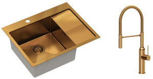 Quadron Zlewozmywak stalowy jednokomorowy 62*48*20 cm z ociekaczem RUSSEL 116 kolor miedziany z baterią MARILYN Q LINE z ruchomą wylewką-DARMOWA DOSTAWA