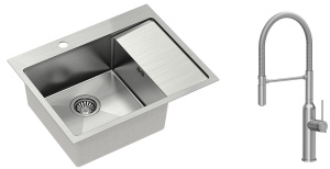 Quadron Zlewozmywak stalowy jednokomorowy 62*48*20 cm z ociekaczem RUSSEL 116 kolor stal szczotkowana z baterią MARILYN Q LINE z ruchomą wylewką-DARMOWA DOSTAWA