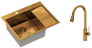Quadron Zlewozmywak stalowy jednokomorowy 62*48*20 cm z ociekaczem RUSSEL 116 kolor miedziany z baterią JESSICA Q LINE z wyciąganą wylewką i funkcją prysznica-DARMOWA DOSTAWA