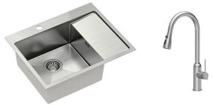 Quadron Zlewozmywak stalowy jednokomorowy 62*48*20 cm z ociekaczem RUSSEL 116 kolor stal szczotkowana z baterią JESSICA Q LINE z wyciąganą wylewką i funkcją prysznica-DARMOWA DOSTAWA