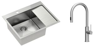 Quadron Zlewozmywak stalowy jednokomorowy 62*48*20 cm z ociekaczem RUSSEL 116 kolor stal szczotkowana z baterią JENNIFER Q LINE SLIM  z wyciąganą wylewką i funkcją prysznica-DARMOWA DOSTAWA