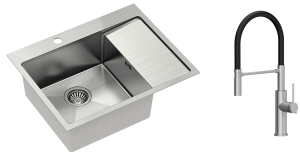 Quadron Zlewozmywak stalowy jednokomorowy  62*48*20 cm z ociekaczem RUSSEL 116 kolor stal szczotkowana z baterią GEMMA Q LINE SLIM  z ruchomą wylewką kolor stal szczotkowana/czarny wąż -DARMOWA DOSTAWA