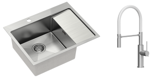 Quadron Zlewozmywak stalowy jednokomorowy  62*48*20 cm z ociekaczem RUSSEL 116 kolor stal szczotkowana z baterią GEMMA Q LINE SLIM  z ruchomą wylewką kolor stal szczotkowana/biały wąż -DARMOWA DOSTAWA