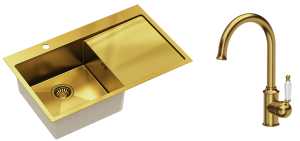 Quadron Zlewozmywak stalowy jednokomorowy 78*48*20 cm z ociekaczem RUSSEL 111 kolor złoty z baterią RACHEL Q LINE-DARMOWA DOSTAWA