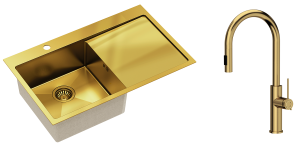 Quadron Zlewozmywak stalowy jednokomorowy 78*48*20 cm z ociekaczem RUSSEL 111 kolor złoty z baterią JENNIFER Q LINE SLIM-DARMOWA DOSTAWA