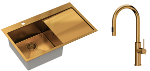 Quadron Zlewozmywak stalowy jednokomorowy 78*48*20 cm z ociekaczem RUSSEL 111 kolor miedziany z baterią JENNIFER Q LINE SLIM-DARMOWA DOSTAWA
