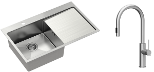Quadron Zlewozmywak stalowy jednokomorowy 78*48*20 cm z ociekaczem RUSSEL 111 kolor stal szczotkowana  z baterią JENNIFER Q LINE SLIM-DARMOWA DOSTAWA