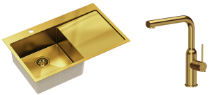 Quadron Zlewozmywak stalowy jednokomorowy 78*48*20 cm z ociekaczem RUSSEL 111 kolor złoty  z baterią ANGELINA Q LINE z wyciąganą wylewką-DARMOWA DOSTAWA