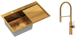 Quadron Zlewozmywak stalowy jednokomorowy 78*48*20 cm z ociekaczem RUSSEL 111 kolor miedziany z baterią MARILYN Q LINE z ruchomą wylewką-DARMOWA DOSTAWA