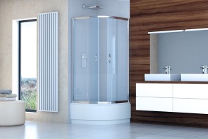 Kabina STYLIO półokrągła 90x90x170 chrom szkło transparentne z powłoką CleanGLASS z brodzikiem 26x38,5 z siedziskiem i obudową - Darmowa dostawa