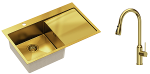 Quadron Zlewozmywak stalowy jednokomorowy 78*48*20 cm z ociekaczem RUSSEL 111 kolor złoty  z baterią JESSICA Q LINE z wyciąganą wylewką i funkcją prysznica-DARMOWA DOSTAWA