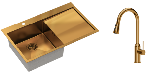 Quadron Zlewozmywak stalowy jednokomorowy 78*48*20 cm z ociekaczem RUSSEL 111 kolor miedziany z baterią JESSICA Q LINE z wyciąganą wylewką i funkcją prysznica-DARMOWA DOSTAWA