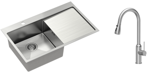 Quadron Zlewozmywak stalowy jednokomorowy 78*48*20 cm z ociekaczem RUSSEL 111 kolor stal szczotkowana  z baterią JESSICA Q LINE z wyciąganą wylewką i funkcją prysznica-DARMOWA DOSTAWA