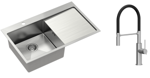 Quadron Zlewozmywak stalowy jednokomorowy 78*48*20 cm z ociekaczem RUSSEL 111 kolor stal szczotkowana  z baterią  GEMMA Q LINE SLIM  z ruchomą wylewką kolor stal szczotkowana/czarny wąż-DARMOWA DOSTAWA