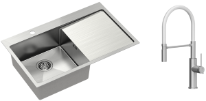 Quadron Zlewozmywak stalowy jednokomorowy 78*48*20 cm z ociekaczem RUSSEL 111 kolor stal szczotkowana  z baterią  GEMMA Q LINE SLIM  z ruchomą wylewką kolor stal szczotkowana/biały wąż-DARMOWA DOSTAWA