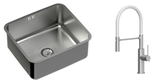 Quadron Zlewozmywak stalowy podwieszany 44*39*18 cm NICOLAS kolor stal szczotkowana z baterią GEMMA Q LINE SLIM  z ruchomą wylewką kolor stal szczotkowana/biały wąż -DARMOWA DOSTAWA