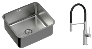 Quadron Zlewozmywak stalowy podwieszany 44*39*18 cm NICOLAS kolor stal szczotkowana z baterią GEMMA Q LINE SLIM  z ruchomą wylewką kolor stal szczotkowana/czarny wąż -DARMOWA DOSTAWA