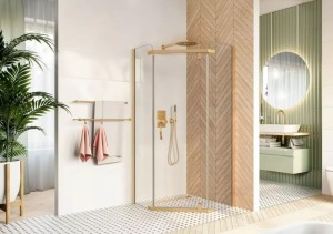 Kabina STYLIO pentagonalna 1-skrzydłowa 80x80x190 złoty połysk szkło transparentne z powłoką CleanGLASS - Darmowa dostawa