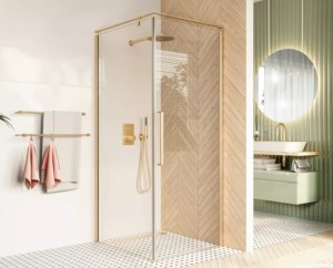 Kabina kwadratowa bezprofilowa FRESH LINE 1-skrzydłowa 90x90x195 złoty połysk szkło transparentne z relingiem uniwersalna - Darmowa dostawa