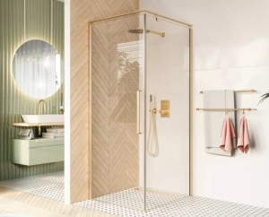 Kabina kwadratowa bezprofilowa FRESH LINE 1-skrzydłowa 80x80x195 złoty połysk szkło transparentne z relingiem Lewa z powłoką CleanGLASS - Darmowa dostawa