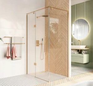 Kabina prostokątna FRESH LINE 1-skrzydłowa 90x120x195 złoty połysk szkło transparentne z relingiem lewa - Darmowa dostawa