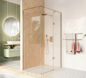 Kabina prostokątna FRESH LINE 1-skrzydłowa 80x120x195 złoty połysk szkło transparentne z relingiem prawa z powłoką CleanGLASS - Darmowa dostawa