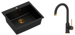 Quadron Unique Zlewozmywak granitowy jednokomorowy 57*50*22 cm MORGAN 110 PURE CARBON  z syfonem Push-2-Open w kolorze miedzianym z baterią INGRID Q LINE PURE CARBON kolor czarny mat/wykończenie miedź-DARMOWA DOSTAWA