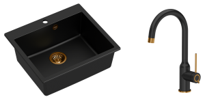 Quadron Unique Zlewozmywak granitowy jednokomorowy 57*50*22 cm MORGAN 110 PURE CARBON  z syfonem Push-2-Open w kolorze miedzianym z baterią INGRID Q LINE PURE CARBON kolor czarny mat/wykończenie miedź-DARMOWA DOSTAWA